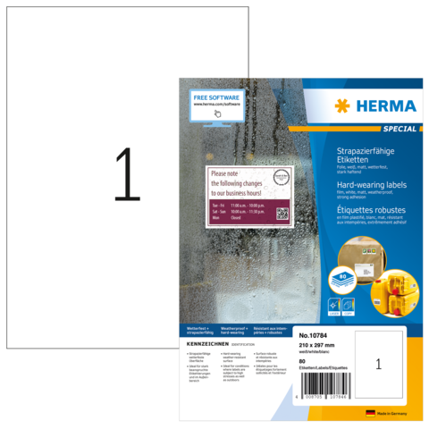 Packung mit strapazierfähigen Etiketten von Herma, inklusive Informationen zu Software und Geschäftszeiten.