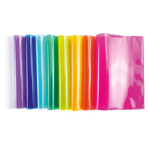 Colorful, transparent plastic sleeves in various colors, arranged from clear to pink, for storing documents.