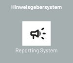 Whistleblower system with a speaker icon and the text 'Reporting System' in a clear, blue design.