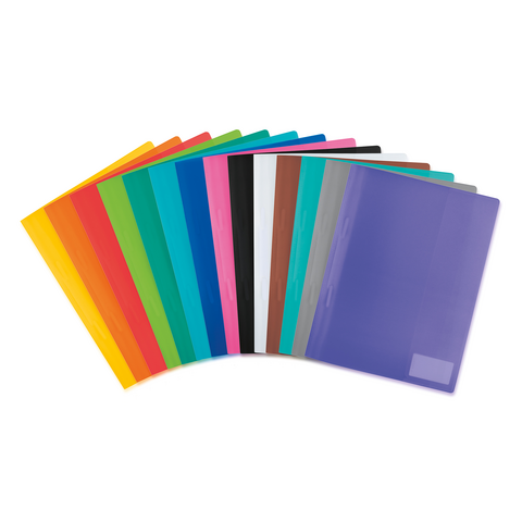 Bunte Klarsichthüllen in verschiedenen Farben, angeordnet von links nach rechts, einschließlich Schwarz, Grau, Rot, Gelb, Grün und Blau.