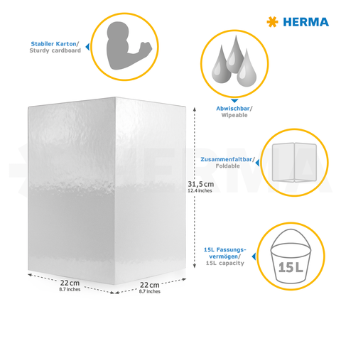 Stabiler Kartonbehälter mit abwischbarer Oberfläche, faltbar, 15L Fassungsvermögen, Maße: 31,5 cm x 22 cm x 22 cm.