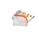 Ein durchsichtiger Geldbeutel mit Bargeld, Münzen und Kreditkarten, umgeben von einem orangefarbenen Reißverschluss.