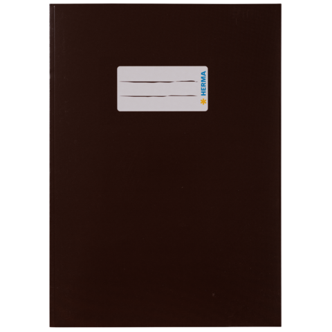 Dunkelbraunes Heft mit einem weißen Etikett, das Platz für Beschriftungen bietet.