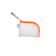 Ein weißes, netzartiges Etui mit orangefarbenem Reißverschluss und grauem Griff. Ideal für die Aufbewahrung kleiner Gegenstände.