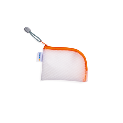 Ein weißes, netzartiges Etui mit orangefarbenem Reißverschluss und grauem Griff. Ideal für die Aufbewahrung kleiner Gegenstände.