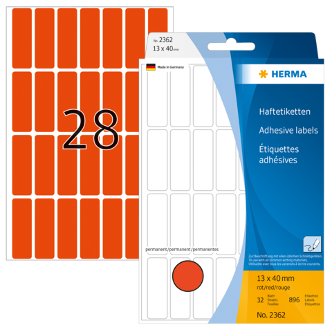 Rote Haftetiketten auf einem Bogen, mit der Nummer 28. Verpackung zeigt die Marke HERMA und die Produktdetails.