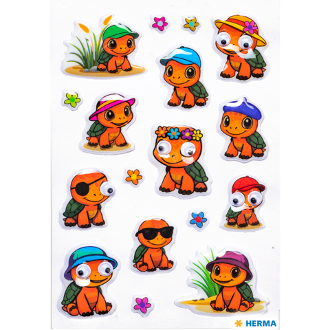 Colorful stickers of turtles in various poses and hats, surrounded by small flowers.