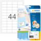 Etikettenpackung von Herma mit der Nummer 44, inklusive Beispieletiketten und Hinweis auf kostenlose Software zur Gestaltung.
