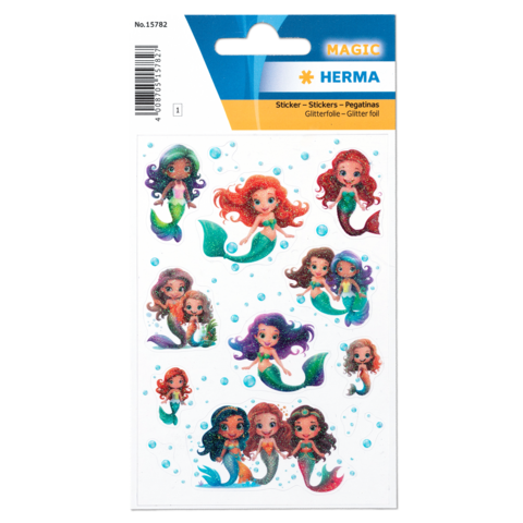 Bunte Meerjungfrauen-Sticker in verschiedenen Designs, einige mit Glitzer, umgeben von kleinen Blasen.
