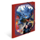 A red folder with a fantastic illustration: A blue dragon flies over two children who appear curious and brave.