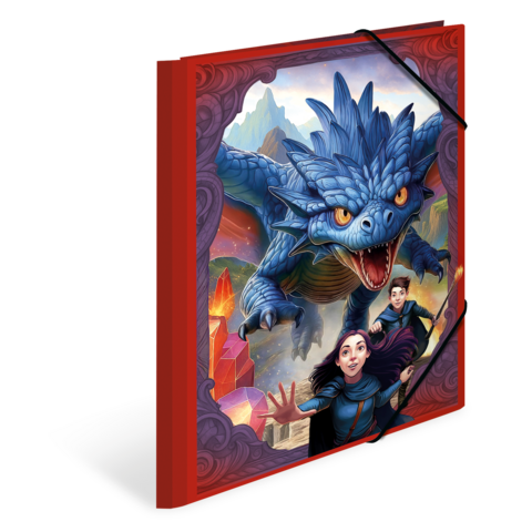 A red folder with a fantastic illustration: A blue dragon flies over two children who appear curious and brave.