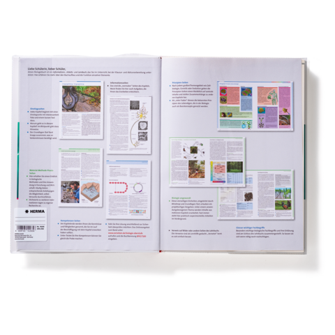 Zwei offene Buchseiten mit Texten und Abbildungen zu verschiedenen Themen, darunter Natur und Wissenschaft.
