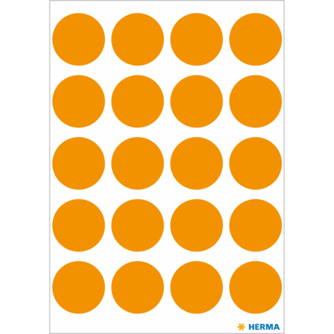 Ein Blatt mit orangefarbenen, runden Aufklebern in gleichmäßigen Reihen und Spalten angeordnet.