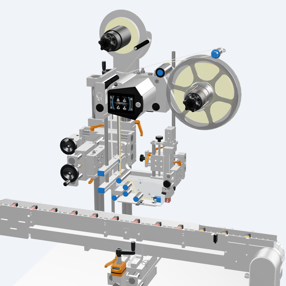 A technical representation of a labeling machine with various components, including rollers, a control unit, and a conveyor belt.