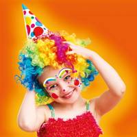 Girl dressed as a clown with face paint stickers.