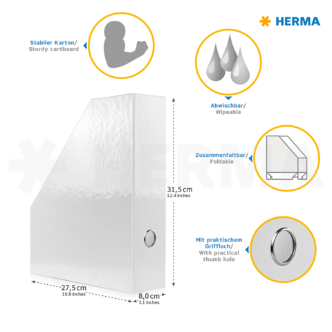 Stabiler, faltbarer Kartonordner mit praktischem Griffloch, abwischbar und in Weiß, Maße: 31,5 x 27,5 x 8 cm.