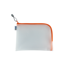 Transparente Tasche mit orangefarbener Reißverschlusskante, geeignet für die Aufbewahrung von kleinen Gegenständen oder Schreibwaren.