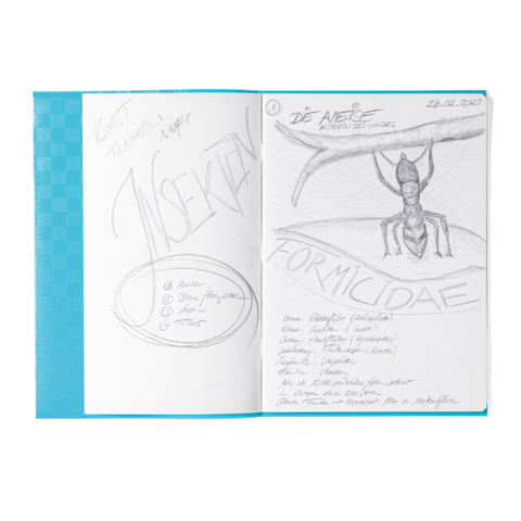 Skizze einer Ameise mit dem Titel "Formicidae" und Notizen zu Insekten, datiert 22.02.2023.