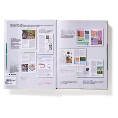 Zwei offene Buchseiten mit Texten und Abbildungen zu verschiedenen Themen, darunter Natur und Wissenschaft.