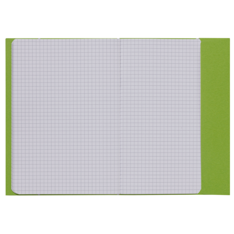 Ein offenes kariertes Heft mit grüner Umschlagseite, das leere Kästchen auf beiden Seiten zeigt.