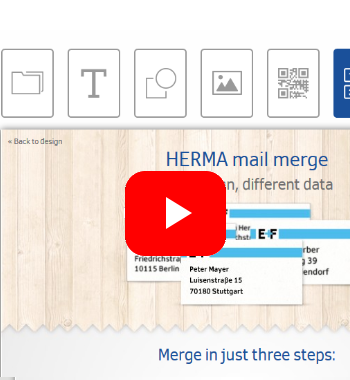 HERMA mail merge application with sample data, including names and addresses, as well as a play button for a video.
