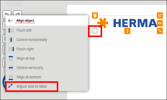 Menu for aligning objects with options like 'Align Left' and 'Fit to Label Size,' next to the word 'HERMA.