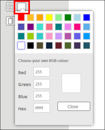 Color selection window with various color options and RGB values for customizing colors. Button to close the window.