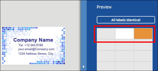 Business card with company information, including name, phone number, and address, alongside a preview of labels.