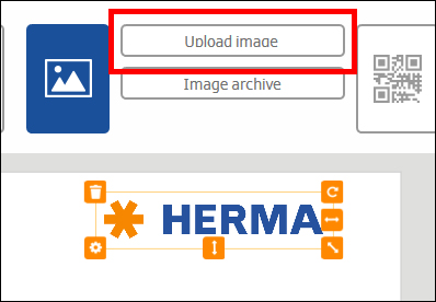 Button for uploading images with the text 'HERMA' and various symbols underneath.