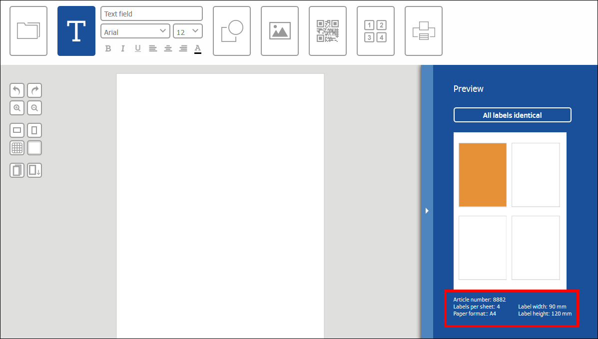 Preview of a label design tool featuring blank labels along with details on item number, label size, and paper format.