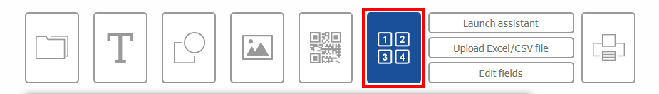 Button with four blue squares, surrounded by additional icons for various functions such as file upload and QR code.
