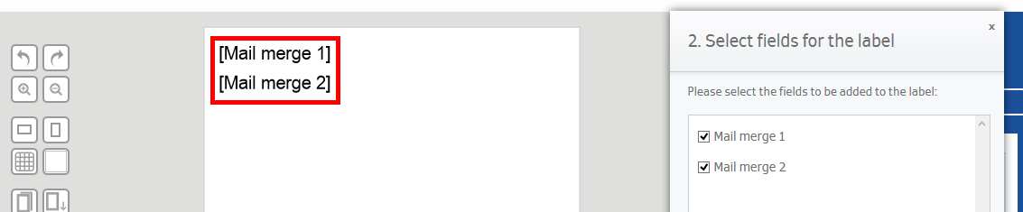 Two fields outlined in red for mail merge, labeled 'Mail Merge 1' and 'Mail Merge 2', in a document editing program.