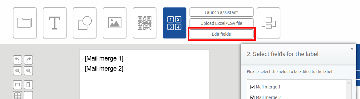User interface with options for uploading files and editing fields for a mail merge. 'Edit Fields' button highlighted.