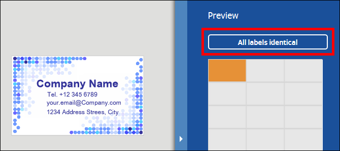 Business card with company name, contact information, and address. On the right side, a preview with the option 'All labels identical.