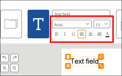 Text box with font and size options, including formatting tools like bold, italic, and alignment.