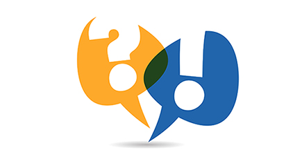 Two speech bubbles in orange and blue with question marks, symbolizing communication and inquiries.
